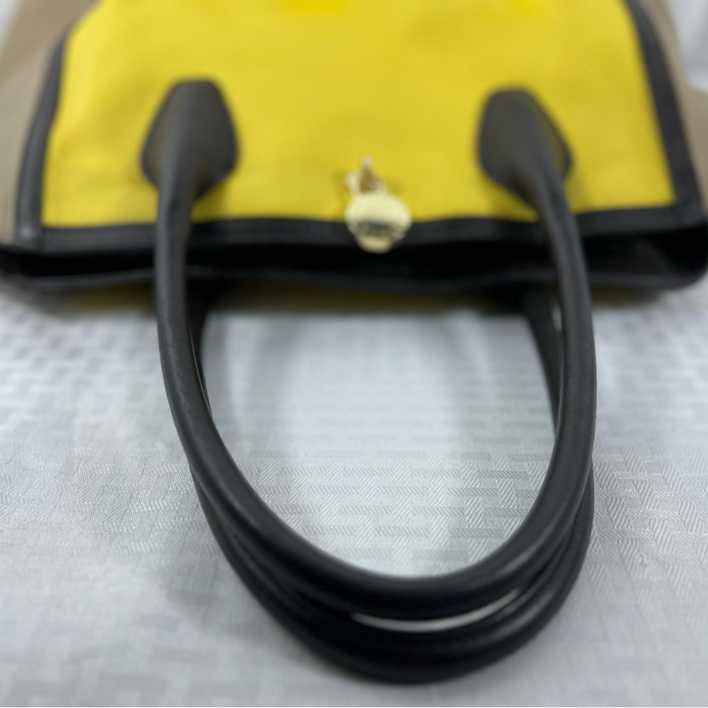 4113: Furla Colorblock Pebbled Leather Tote Bag Yellow Beige Black Made in Italy - Picture 6 of 13